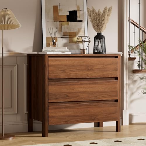 Image of Furniway 31.5 inch Mid-Century Modern Dresser for Bedroom, 3 Drawer Small Chest of Drawers with Wood Legs, Large Storage Bedroom Dresser, Walnut