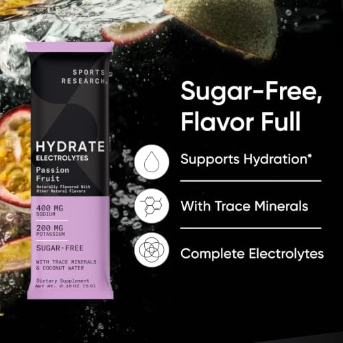 Image of Sports Research Hydrate Electrolytes Powder Packets - Sugar-Free & Naturally Flavored with Vitamins, Minerals, and Coconut Water - Supports Hydration - 16 Packets - Passion Fruit