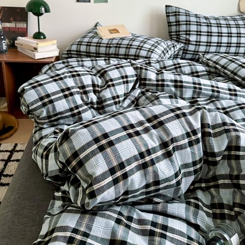 Image of VM VOUGEMARKET Black Grey Plaid Duvet Cover Set King,3 Pieces Washed Cotton Bedding Set,Breathable Luxury Grid Duvet Cover with 2 Pillowcases
