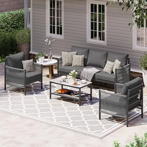 Oasbira Aluminum Outdoor Patio Furniture Set with Dual-Layer Coffee Table, 4 Piece Modern Patio Conversation Sets with PE Rope, Outdoor Sectional Sofa with Thick Cushions for Balcony, Porch, Charcoal
