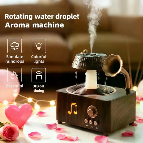 Image of KIMEE Retro Gramophone Rain Humidifier Aroma Diffuser Cool Mist White Noise LED Night Light Vinyl Record Design for Bedroom Home Office
