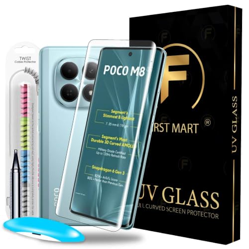 Image of FIRST MART UV Tempered Glass for Poco M8 With Cable Protector - 9H Full-Glue Curved Screen Guard, HD Clear, Fingerprint Compatible, Bubble-Free | Crystal Clear