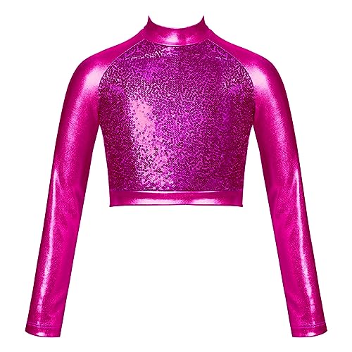 JanJean Girls Metallic Long Sleeve Dance Crop Tops Kids Mock Neck Athletic Tops Hip Hop Jazz Gymnastics Ballet Dancewear Hot Pink 12 Years