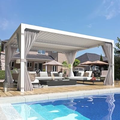 EROMMY 10x12FT Louvered Pergola Outdoor Sun Shade Shelter with Aluminum Frame and Adjustable Rainproof Roof for Garden & Patio, Curtains and Netting Included, White