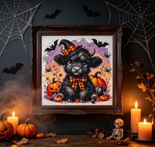 Image of Eterkosu Halloween Cow Stamped Cross Stitch Embroidery Kits Arts and Crafts | Pumpkins Needlepoint Counted Cross Stitch Kits for Beginner Adult Crossstitching Printed Dimensions Patterns Stitch