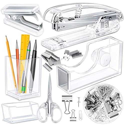 Csyidio 8-teiliges Acryl-Bürozubehör-Set mit Heftklammern-Entferner, Klebebandabroller, Hefter, niedliches Büro-Hefter-Set Cover
