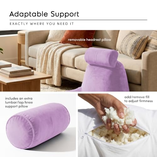 Image of Nestl Reading Pillow with Shredded Memory Foam Includes 2 Neck and Lumber Support Pillows, Designed for Sitting Up in Bed and Couch, Back and Arms Adjustable Support for Adult & Teens, Lavender