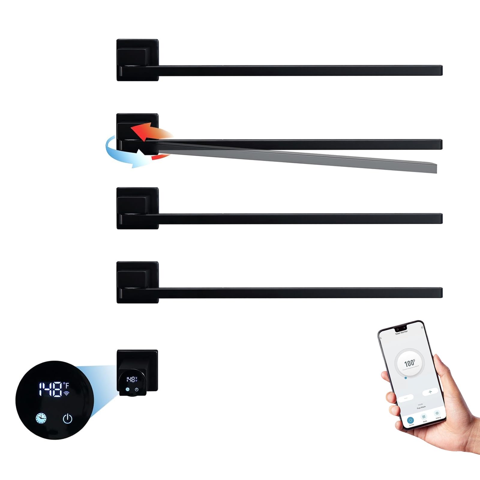 Electric Towel Warmer, 4 Bars 180° Rotating Heated Towel Rack, 75W Wall Mounted Towel Warmer with Built-in Timer, Smart WiFi Electric Towel Dryer for Bathroom (Black)