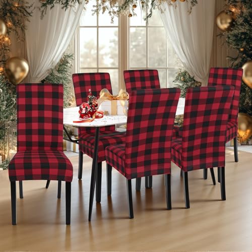 Image of SearchI Christmas Chair Covers Set of 4, Stretch Xmas Kitchen Chair Cover Removable Washable Holiday Parsons Chair Slipcovers for Dining Room, Christmas Decoration, Ceremony (Black /Red Plaid)