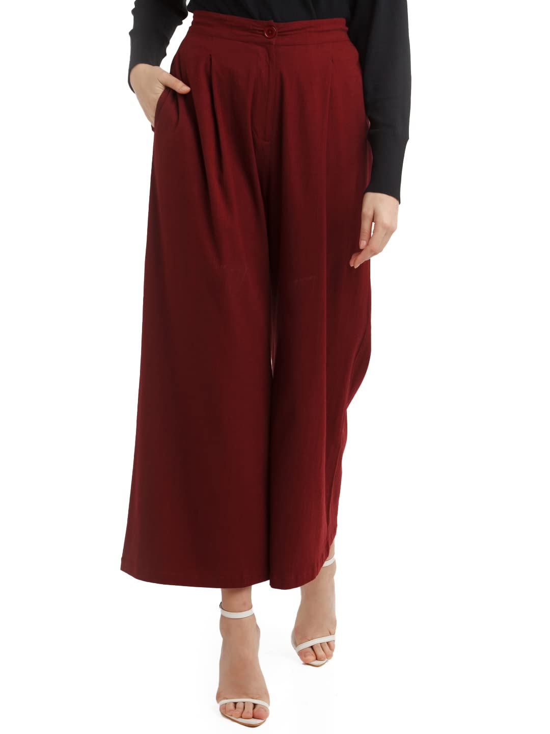 Global Desi Women's Maroon Solid Regular Trouser in maroon