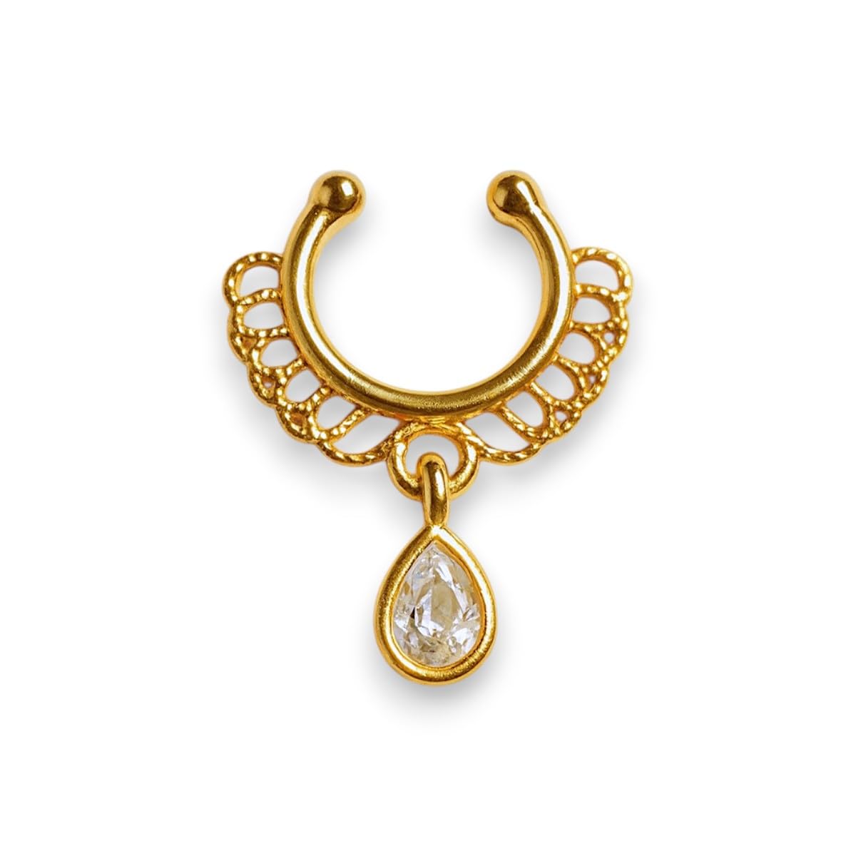 accessher Women's & Girls Antique Floral Gold-Tone Clip-On Non-Pierced Middle Nose Ring with White Teardrop Adjustable Pressing Type Septum Nose Pin, Jewellery for Gift-picture-21