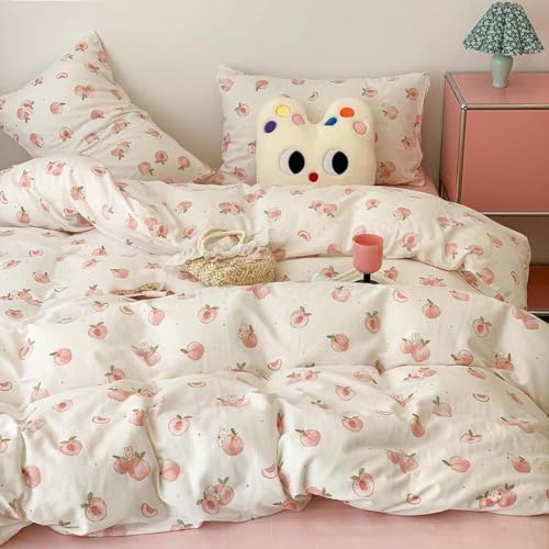 Image of Nayoroom Pink Peach Duvet Cover Full Size Kawaii Fruit Peaches Rabbit Printed on White Comforter Cover 3Pcs Kids Girls Soft Breathable Microfiber Cute Cartoon Bedding Set with Zipper Closure