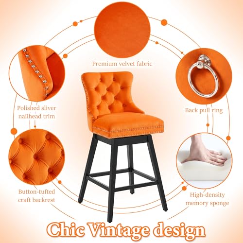Image of Orange Swivel Bar Stools, Velvet Counter Height Bar Stool Set of 2 | 360 Swivel Bar Chairs, Solid Wood Legs, Upholstered Kitchen Island Stools, Modern Extra Wide Seat (Orange, 30 inch H, 2 Pack)