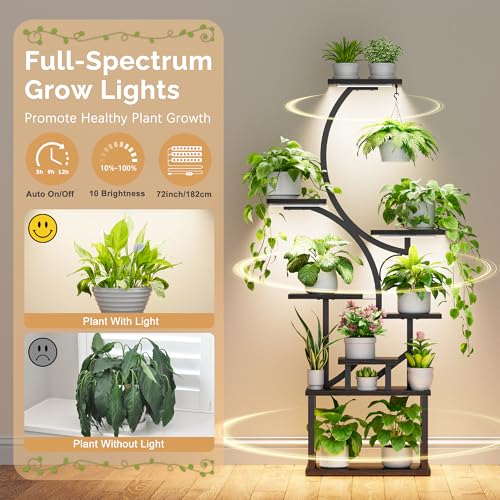 Image of Plant Stand with Grow Lights for Indoor Plants, 8-Tiered Tall Corner Plant Shelf with Full Spectrum Light, S-Shaped Space-Saving Narrow Flower Holder, Anti-Tip for Living Room Bedroom Office, Black