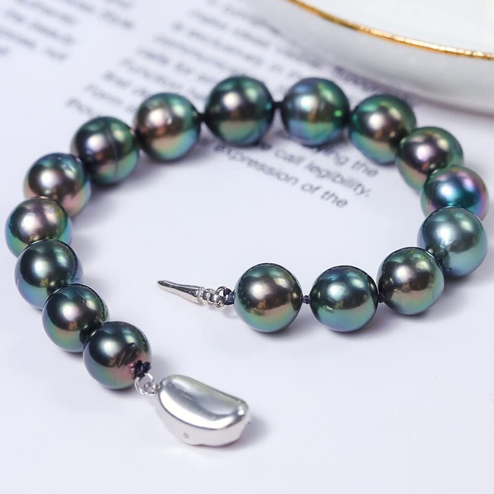 Tahiti AA + natürliche Perle Pfauengrün, 925er Silberschnalle, elastisches Armband, Modeschmuck, geeignet für Damen, One Size