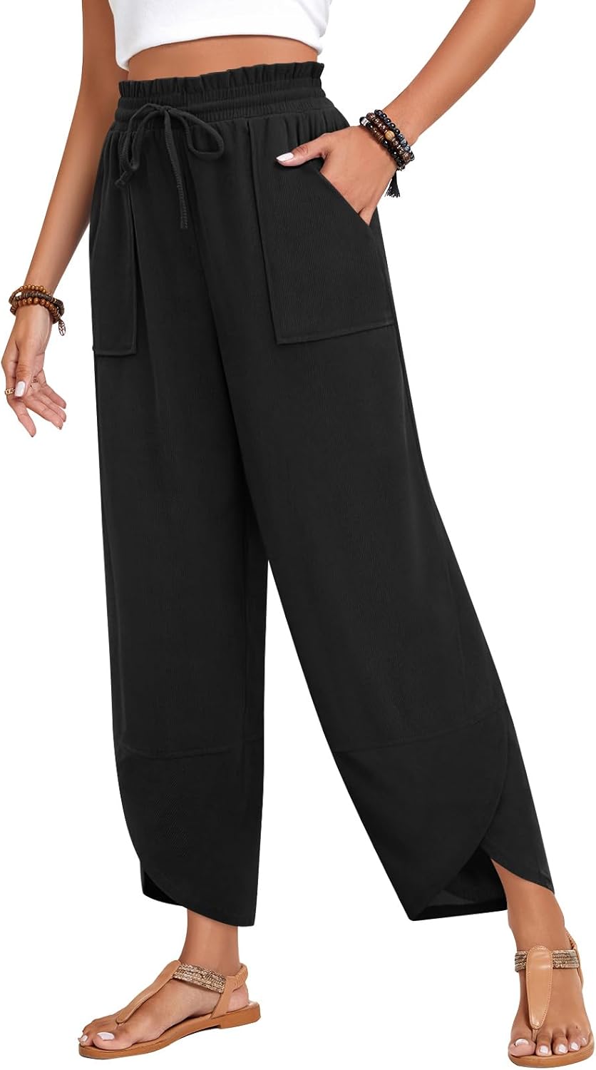 Anyhold Womens Baggy High Waisted Wide Leg Lounge Pants Drawstring Casual Palazzo Pants Trousers with Pockets