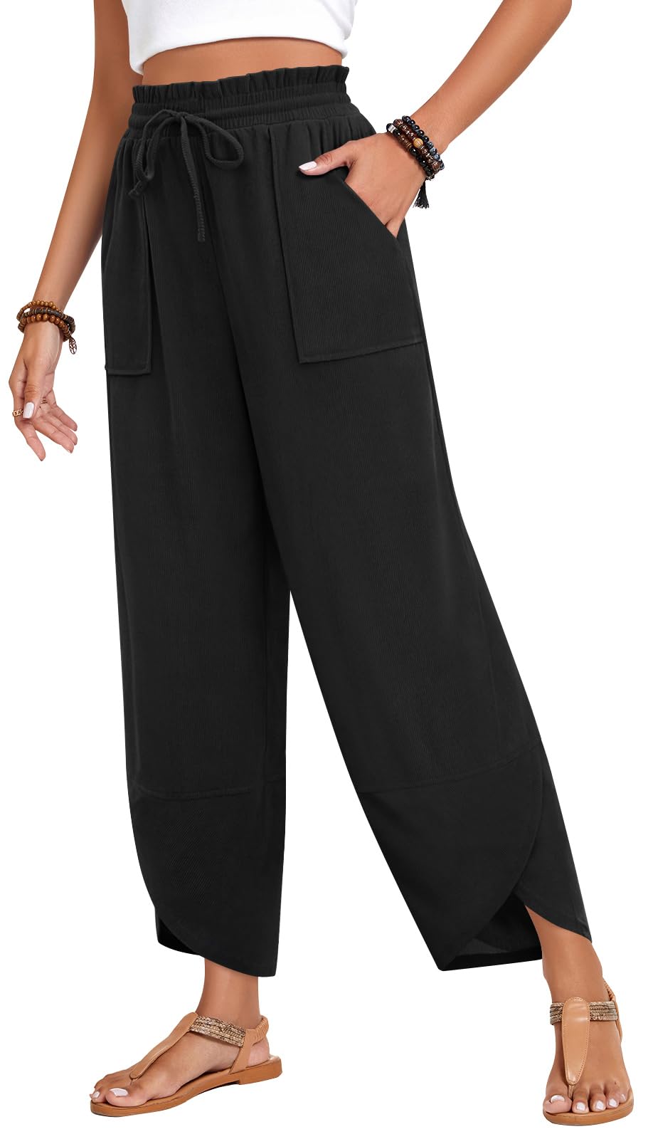 Anyhold Womens Baggy High Waisted Wide Leg Lounge Pants Drawstring Casual Palazzo Pants Trousers with Pockets