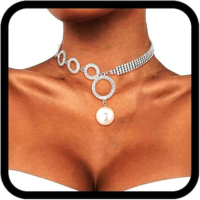 ELABEST Sparkly Rhinestone Necklace Pearl Necklace Crystal Choker Circle Necklace Trendy Tennis Chain Dainty Wedding Bridal Bridesmaid Jewelry for Women and Girls