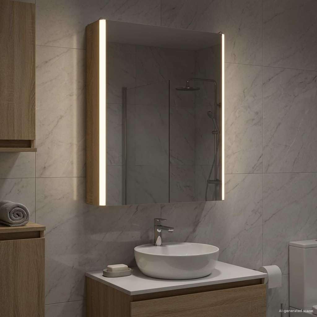 Szafka łazienkowa z lustrem Sonoma dąb z materiału drewnopochodnego 43 x 11,5 x 60,5 cm z oświetleniem LED, montaż na ścianie, regulowane regały, miejsce do przechowywania