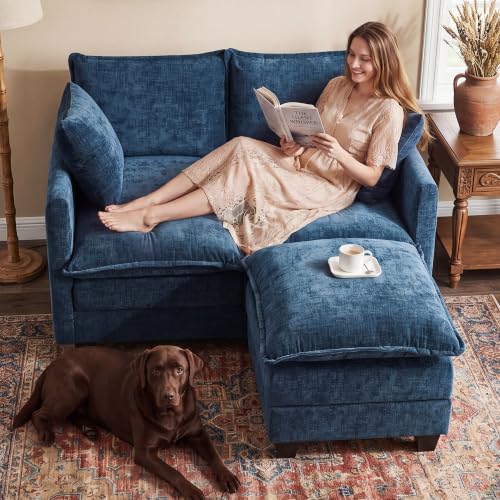 Image of 50 inch Loveseat Sofa with Ottoman, Cloud 2-Layer Cushion & 27 inch Deep Seat, Modern Love Seat Small Couch with 2 Washable Pillows for Small Spaces, Bedroom, Apartment, Office, Living Room, in a Box, Blue