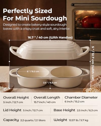 Image of Sourdough Bread Baking Kit with Double Loaf Cast Iron Bread Pan, White | Bakes two mini loaves at once with banneton proofing baskets included