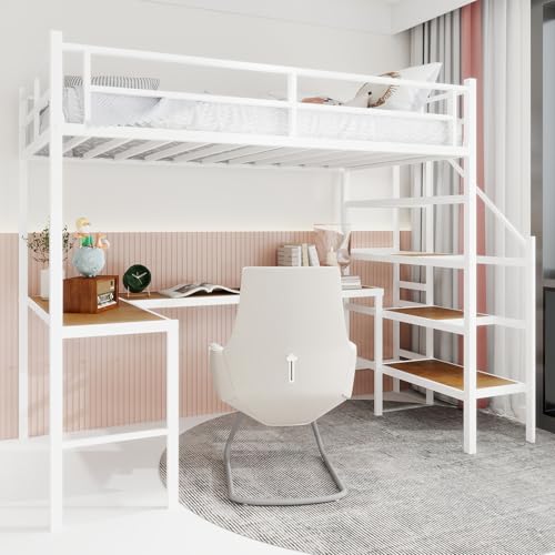 Image of Bellemave Twin Size loft Bed with L Desk, Storage Stairs, Metal Twin Loft Bed Frame for Adults, Kids, Teens, White