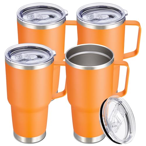 Image of 30 oz Stainless Steel Tumblers Bulk with Handle and Lid, 4 Pack | Powder Coated, Double Wall Vacuum Insulated, Leak Proof Lid, Keep Drinks Cold and Hot, for office, party, camping, Orange