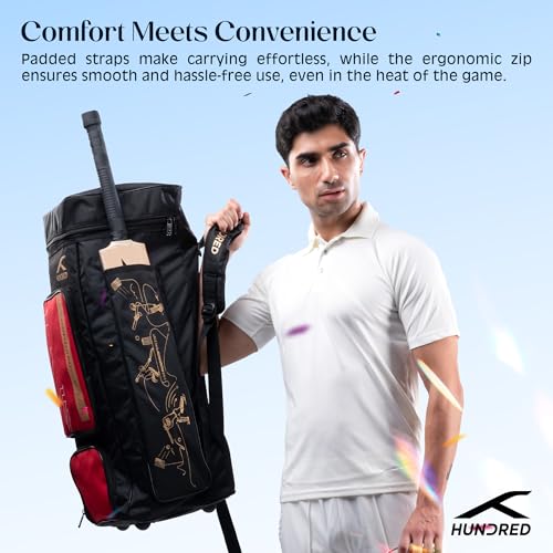 Image of Hundred Polyester Aspire Cricket Kitbag | Spacious & Durable Sports Gear Bag with Multiple Compartments | Shoe Compartment & Sturdy Zippers | Padded Straps(Black /Red)