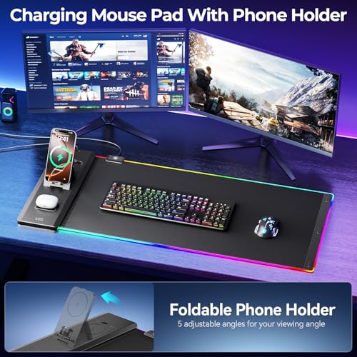 Image of KDD RGB Mouse Pad with Wireless Charging - Desk Mat with Phone Holder and 15W Fast Charger - Gaming Mousepad with Ultra-Smooth Surface, Non-Slip Base - Keyboard Mat for Home Office Gamer Accessories