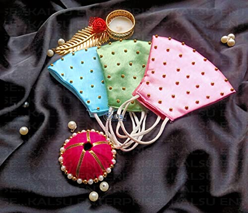 Image of ᵀᴹ : WEDDING SPECIAL Cloth Face Mask - Washable Light Weight Satin - Cotton Masks MULTI COMBO (PACK OF 3 - SKYBLUE-GREEN-PINK)