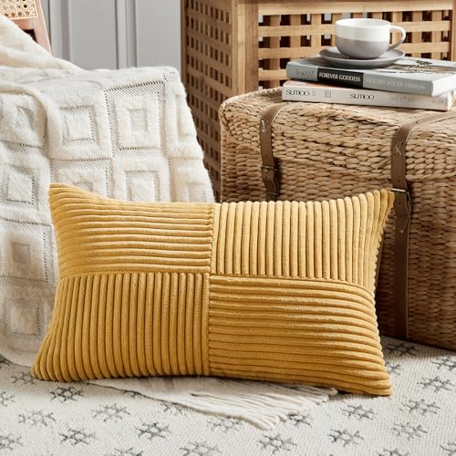 Image of Fancy Homi 2 Packs Gold Yellow Lumbar Decorative Throw Pillow Covers 14x24 Inch for Couch Bed Sofa, Rustic Farmhouse Boho Spring Home Decor, Soft Striped Corduroy Rectangle Accent Cushion Case 35x60cm