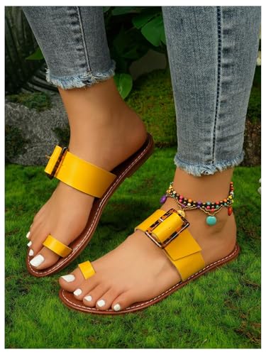 OYOANGLE Women's Toe Ring Slide Sandals Buckle Strap Comfortable Open Toe Slip on Flat Sandals3