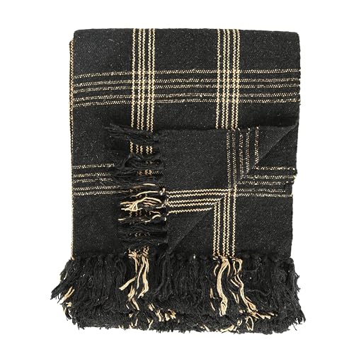 Image of Plaid Black & Tan Fringed Woven Cotton Blend Throw