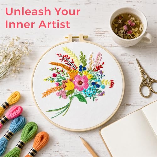 Image of Huacan Embroidery Kit for Beginners Flower Pattern Printed Fabric with Hoop & Full Tools