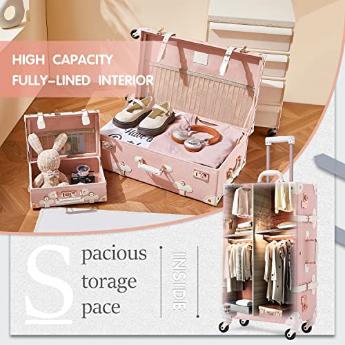 Unitravel 2 Piece Vintage Suitcase Set, 26" Women Cute Travel Luggage with 12" Handbag, Hardside Faux Leather Spinner Trunk with TSA Lock (Embossed Pink)4