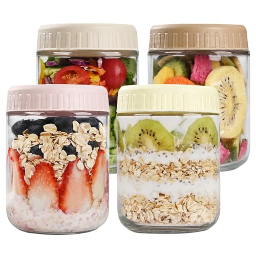 Overnight Oats Containers with Lids, 16oz Glass Jars with Lids 4 pcs, Wide Mouth Mason Jars for Salad, Yogurt, Snacks, Meal Prep