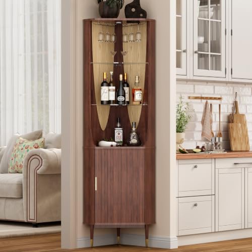 Image of JOINICE Tall Corner Bar Cabinet for Liquor,Mid-Century Modern,Walnut,70 inch