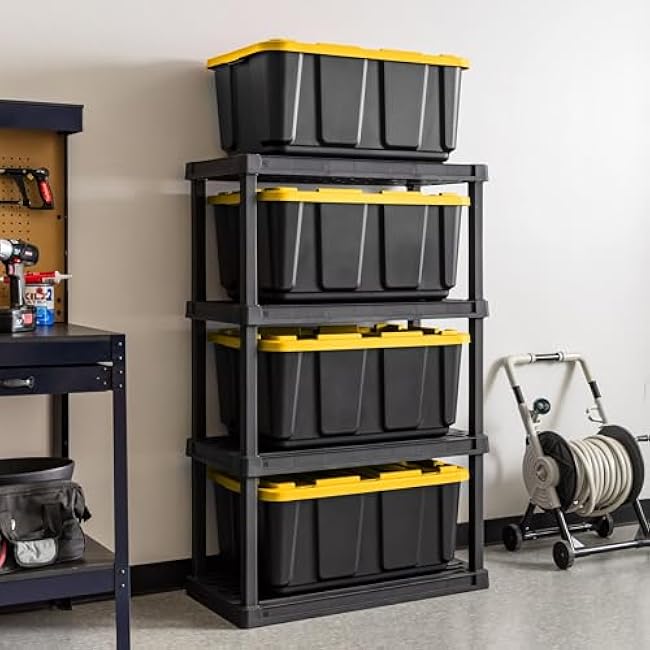IRIS USA 27 Gallon Heavy Duty Truck Bed Toolbox Storage Tote Bins with Lids, 4 Pack - Made in USA, Tough Snap On Lockable Lid Stackable Industrial Tubs, Garage Organization Reusable Box - Black/Yellow