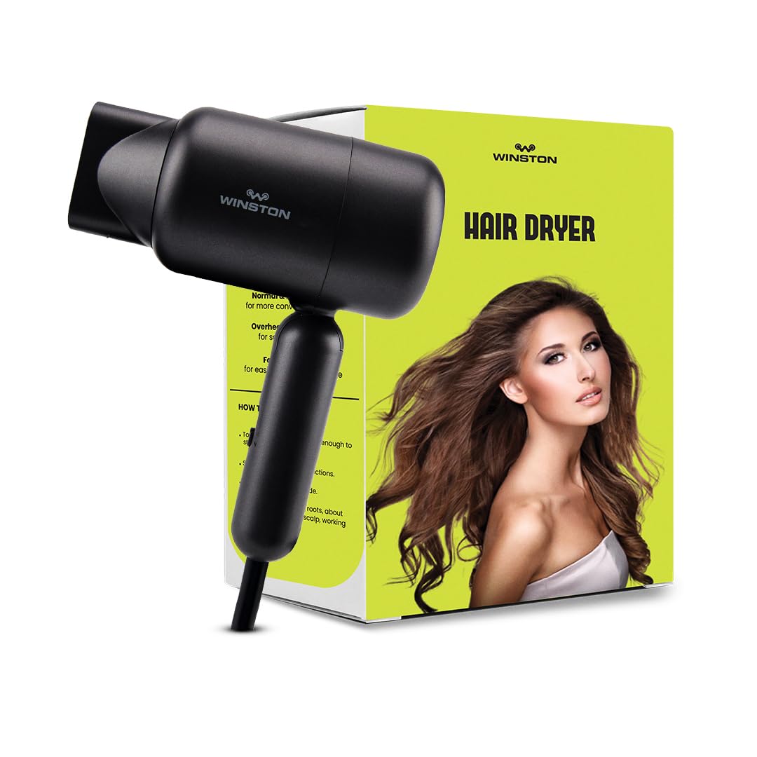 WINSTON Ionic Foldable Hair Dryer - 1400W | Compact, Foldable, and Damage-Free Drying Blow Dryer with Low Noise & Overheat Protection - 1 Year Warranty (Grey)