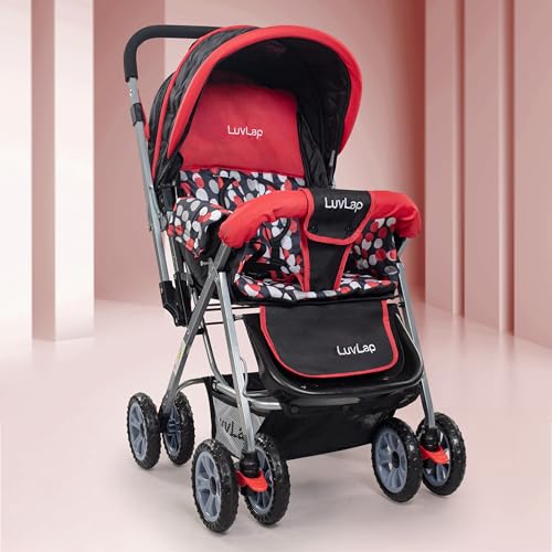 Image of LuvLap Sunshine Baby Stroller /Pram for 0 to 3 Years, New Born /Toddler /Kid, 5 Point Safety Harness, Adjustable backrest, 360 Swivel Wheel, Large Storage Basket, Reversible Handlebar (Red)