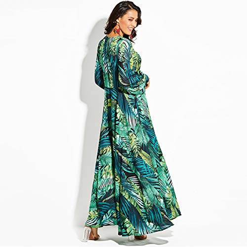 R.Vivimos Women's Chiffon Print V Neck Long Sleeve Tie Waist Casual Boho Maxi Dresses (XXL, Green)