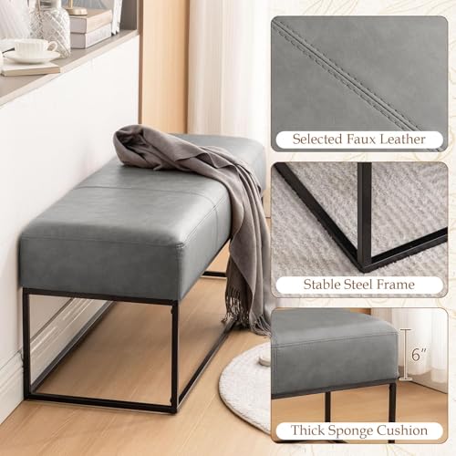 Image of Leather Entryway Bench, Modern Long Leather Ottoman Bench Seat with Metal Frame, 47'' Upholstered Bedroom Bench for Living Room Entryway Window, Vintage Gray