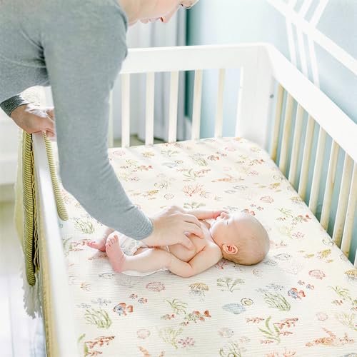 Image of GRSSDER 100% Cotton Muslin Crib Sheet 2 Pack - Breathable & Ultra-Soft Fitted Crib Sheets for Standard Baby & Toddler Mattresses, 52 inchx28 inch with 9 inch Deep Pocket, Snug Fit All-Around Elastic