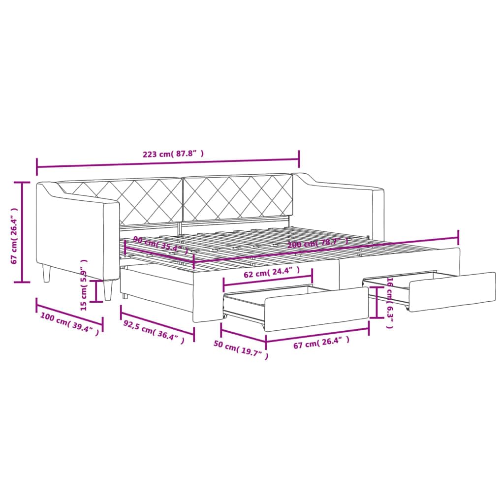 vidaXL Tagesbett, Sofabett Ausziehbar mit Schubladen, Gästebett Schlafsofa für Schlafzimmer Wohnzimmer, Sofa Ausziehbett, Dunkelgrau 90x200cm Stoff