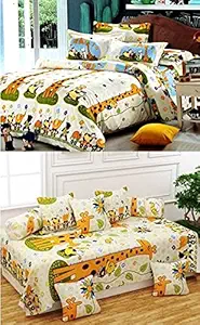 WELLNEST Microfiber Combo of 8 Pcs Diwan Set Covers and Double Bed Bedsheet with 2 Pillow Covers - Yellow Giraffe