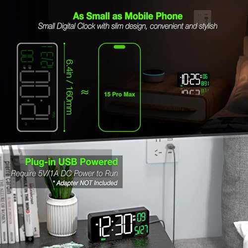 Image of KOSUMOSU Digital Alarm Clocks for Bedrooms,6.7in Black Small Digital Clock for Bedroom, Auto Dimming,Date,Week,Seconds or Indoor Temperature,Desk Clocks for Living Room,LED Alarm Clock Calendar