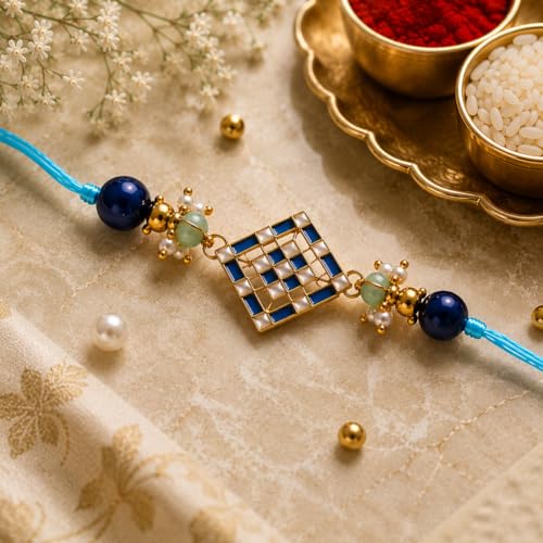 Image of JAIPUR ACE Elegant Blue inchBRO inch Designer Rakhi Gift Set with Greeting Card and Roli Chawal Pouch, Premium Brother Rakhi, Festive Raksha Bandhan Gift for Brother, Traditional (NR5)