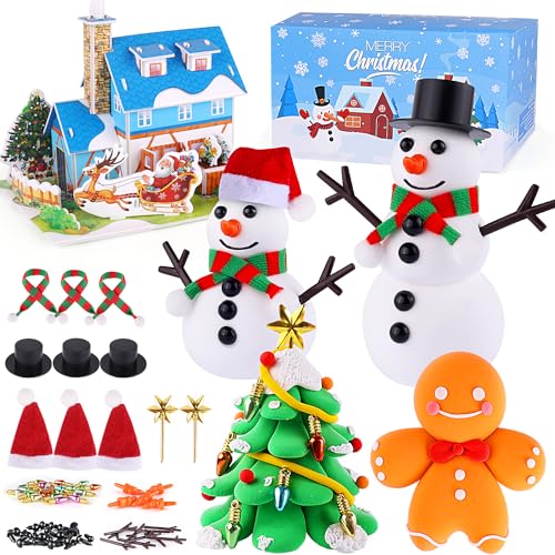 Christmas Stocking Stuffers for Kids, 7Pack Build A Snowman Christmas Crafts Kit, Christmas DIY Toys with Xmas Tree and Gingerbread Man, Air Dry Modeling Clay for Christmas Decorations, Christmas Gift