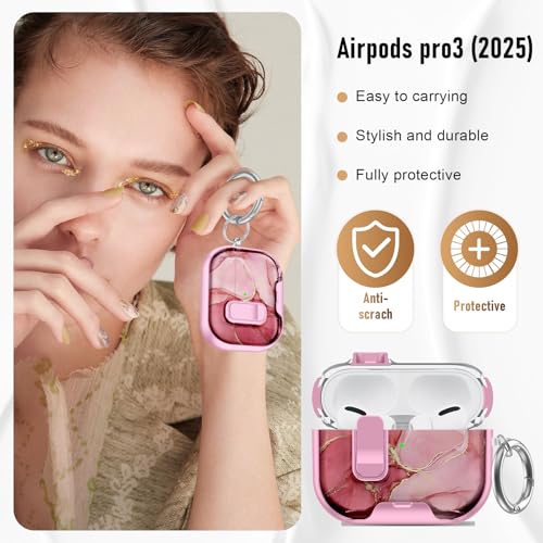 Image of Compatible Airpods Pro 3 Case (2025) with Phone Stand & Cleaner Kit,Print Soft Silicone Lock Clip Apple AirPods Pro 3rd Generation Case, Airpod Pro 3 Cover with Keychain for Women /Girls,Pink Marble