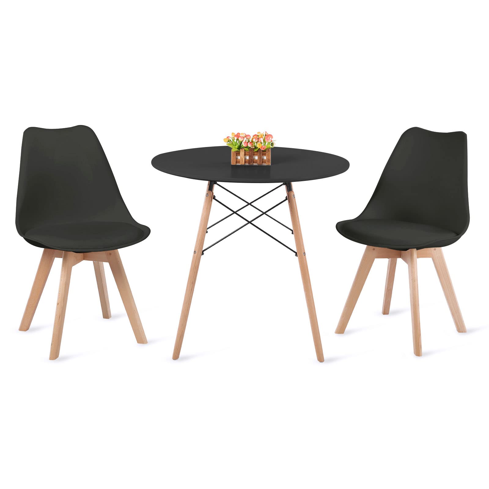 H.J WeDoo Tisch und Stühle Set, Essgruppe Schwarz Tisch mit 2 Schwarzer Stühlen für Esszimmer Küche Wohnzimmer | Essgruppen Runder Tisch 80 cm, Moderner Design, Massivholzbeine, für Balkon Küche Wohnzimmer Büro, Schwarzer Stühle